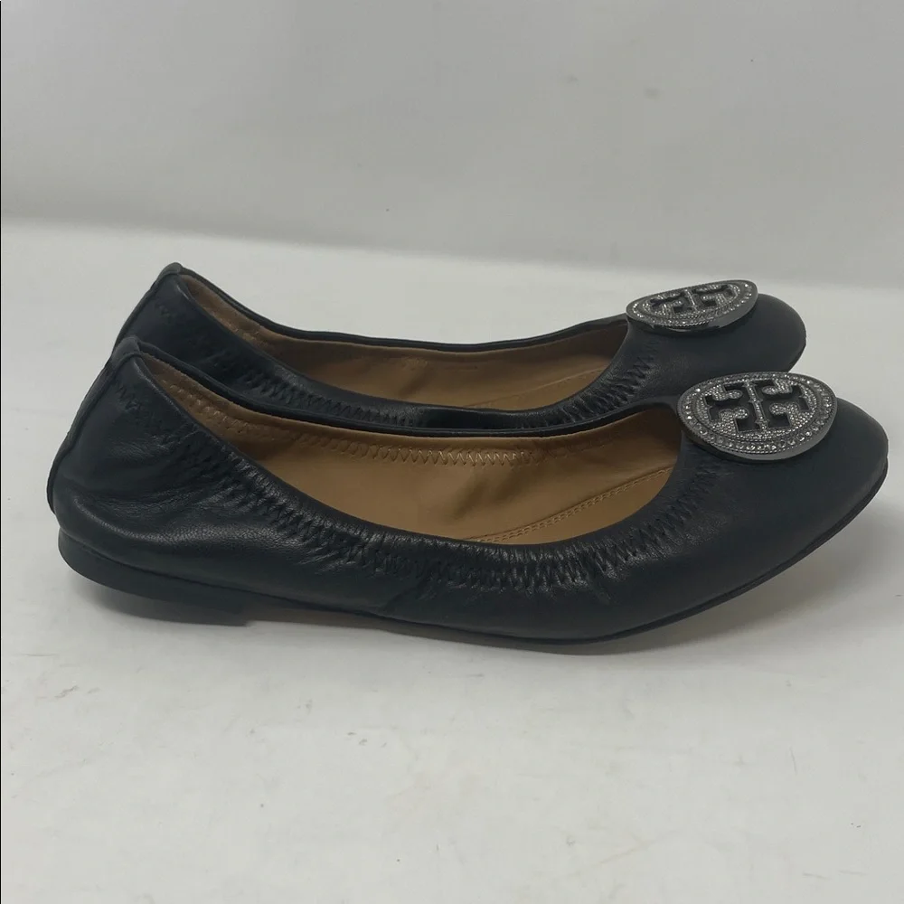 Tory Burch Black Ballet Flats with Silver Rhinestone Logo Size 6.5